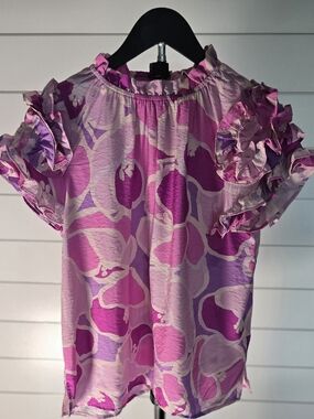 Ruffled Short Sleeve Blouse in Pink & Purple S
